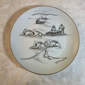 Vintage Eskimo & Sled Dogs Plate 8.5" Robert Mayokok Inuit Art Collectible